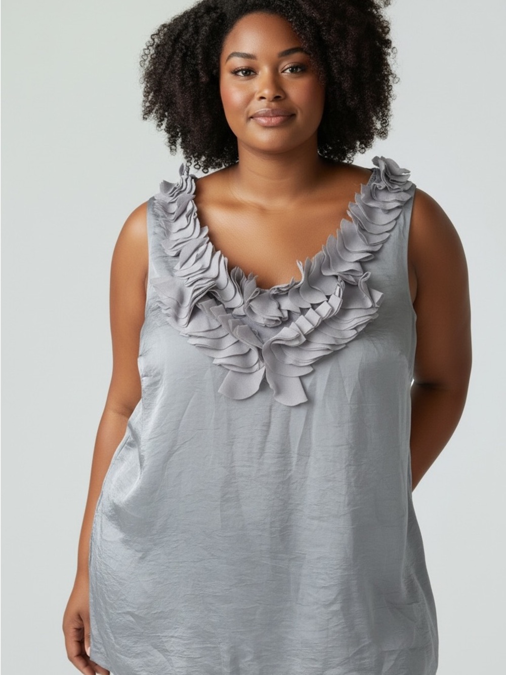 Ruffle V-Neck Sleeveless Top - Light Gray